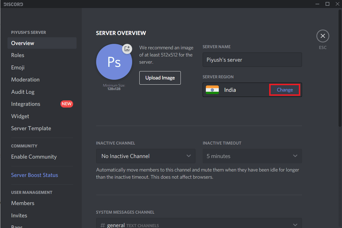 Haga clic en el botón Cambiar junto a la región del servidor actual