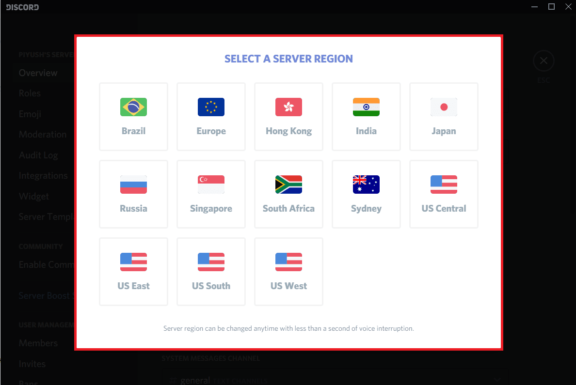 Seleccione una región de servidor diferente de la siguiente lista |  Arreglar No puedo escuchar a la gente en Discord