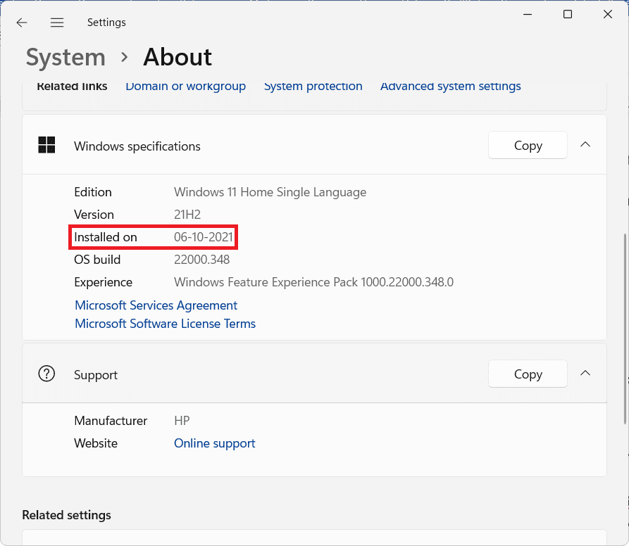 ver la fecha de instalación en las especificaciones de Windows Windows 11