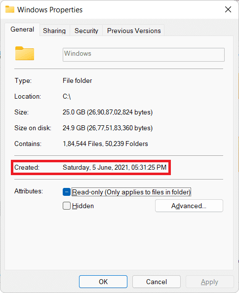 mostrar la fecha y la hora en la sección Creado en la pestaña General de la ventana Propiedades de Windows 11. Cómo verificar la fecha de instalación del software en Windows
