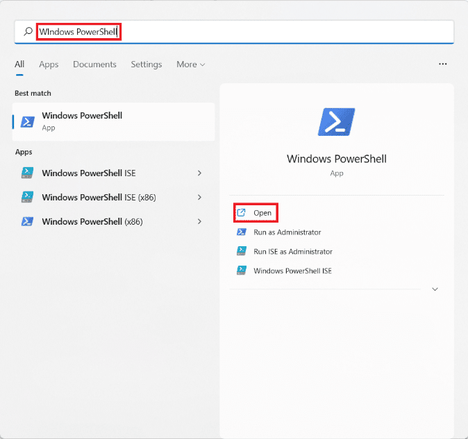 abra Windows powershell desde el menú de búsqueda
