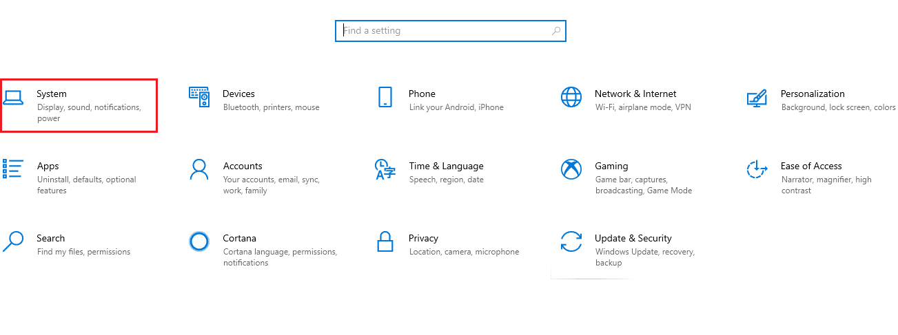 Busque y seleccione la opción Sistema resaltada en la ventana Configuración