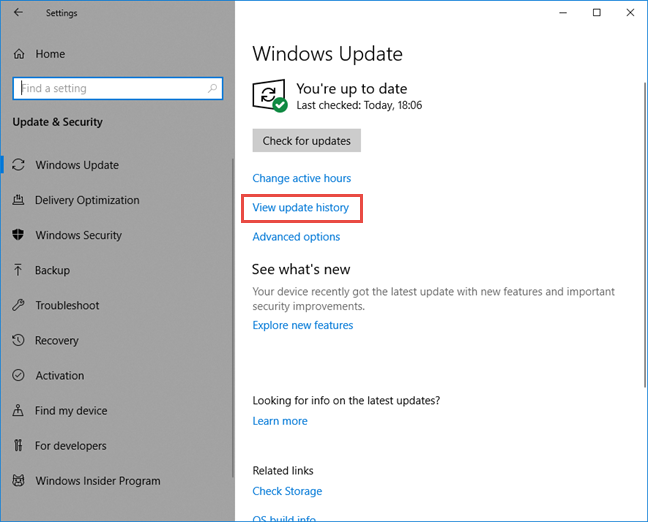 Ver enlace para actualizar el historial en la configuración de Windows Update