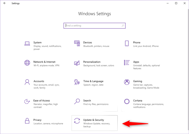 Categoría de actualización y seguridad de la configuración de Windows 10