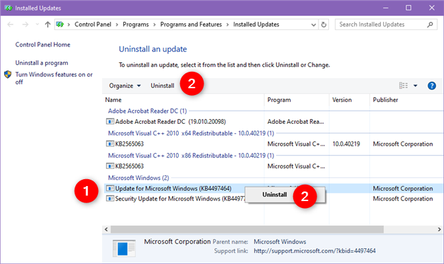 La página Actualizaciones instaladas desde el Panel de control