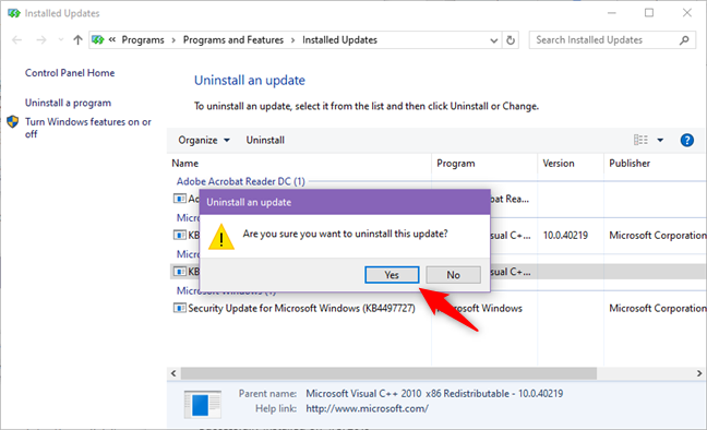 Desinstalar la actualización de Windows 10