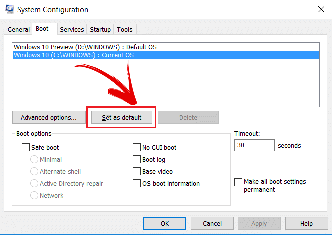Ahora seleccione el sistema operativo que desea configurar como predeterminado y luego haga clic en el botón Establecer como predeterminado