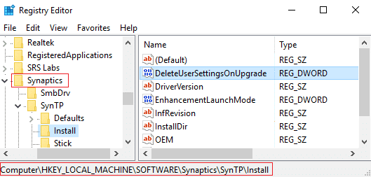 Vaya a Synaptics y luego busque la clave DeleteUserSettingsOnUpgrade