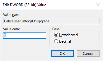 establezca el valor DeleteUserSettingsOnUpgrade en 0 para deshabilitarlo