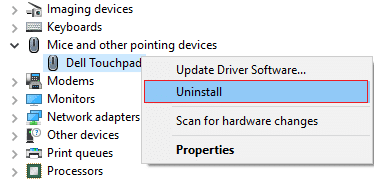 haga clic derecho en el dispositivo del mouse y seleccione desinstalar