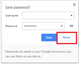 haga clic en el botón Nunca en la parte inferior derecha del cuadro emergente.