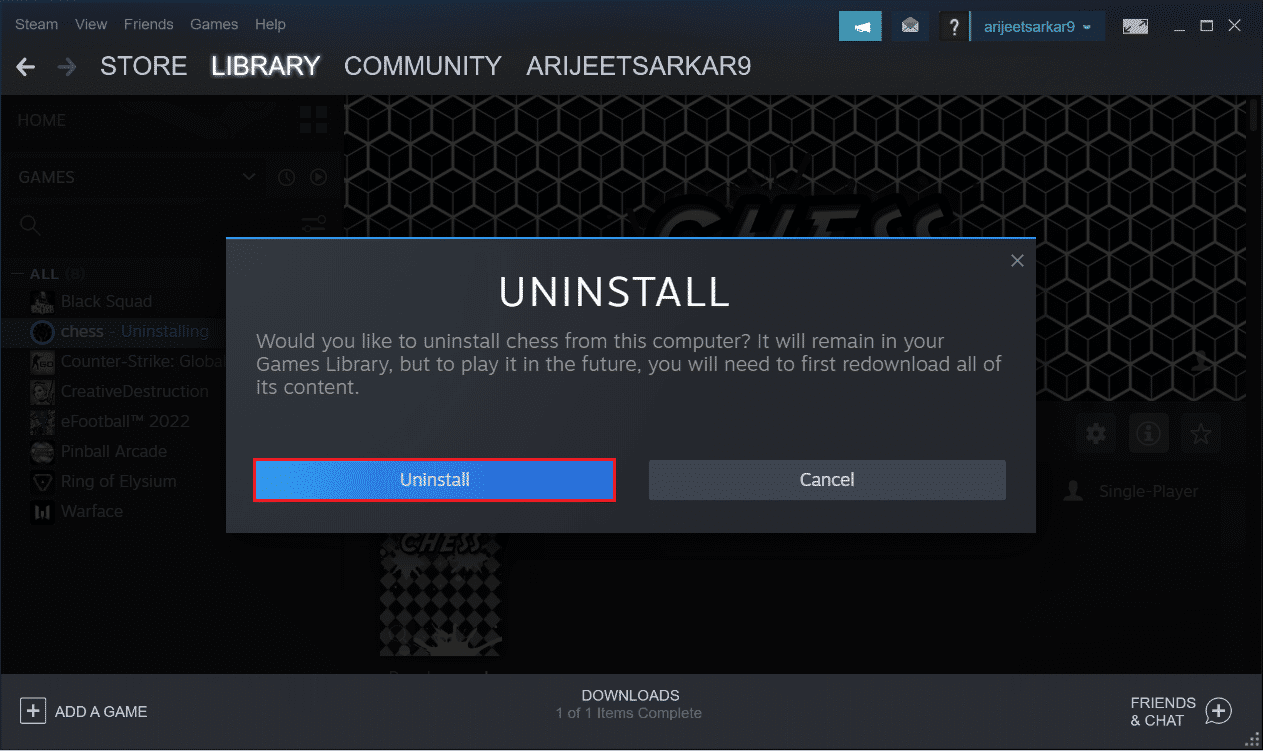 haz clic en DESINSTALAR para confirmar la desinstalación de un juego en Steam.  Cómo desinstalar juegos de Steam