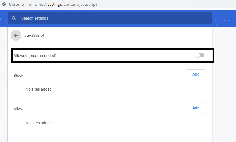 Deshabilite el interruptor junto a Permitido (recomendado) para deshabilitar Javascript en Chrome