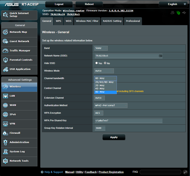 Firmware ASUS - Establecer el ancho de banda del canal