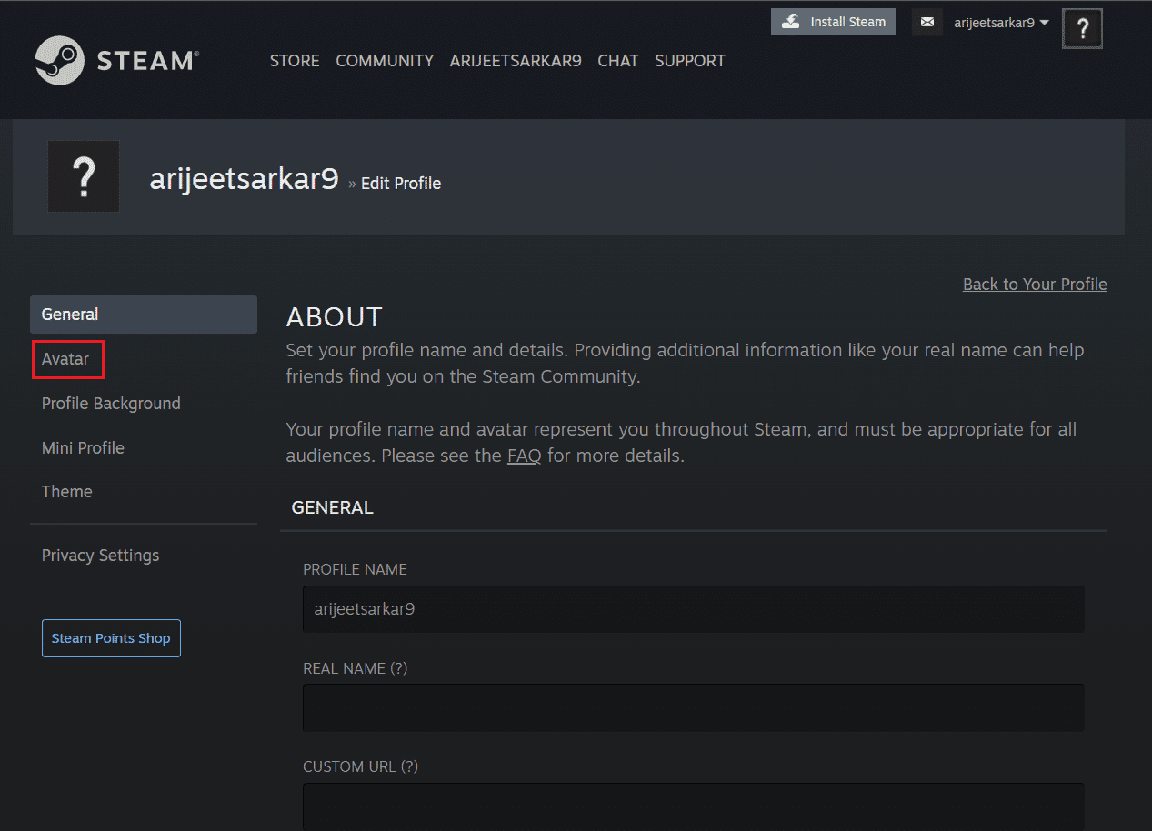 haga clic en el menú Avatar en la página de edición del perfil de Steam en el navegador