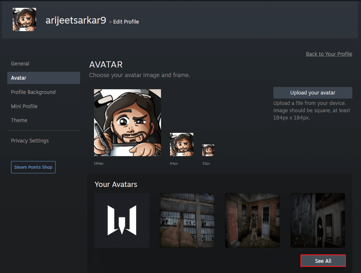 haga clic en el botón Ver todo en la página de avatar del perfil de Steam en el navegador