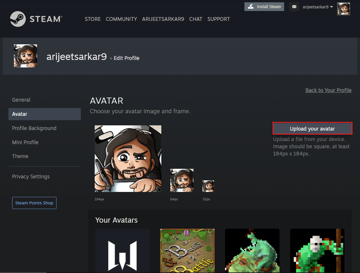 haga clic en cargar su avatar en la página Steam Avatar en el navegador