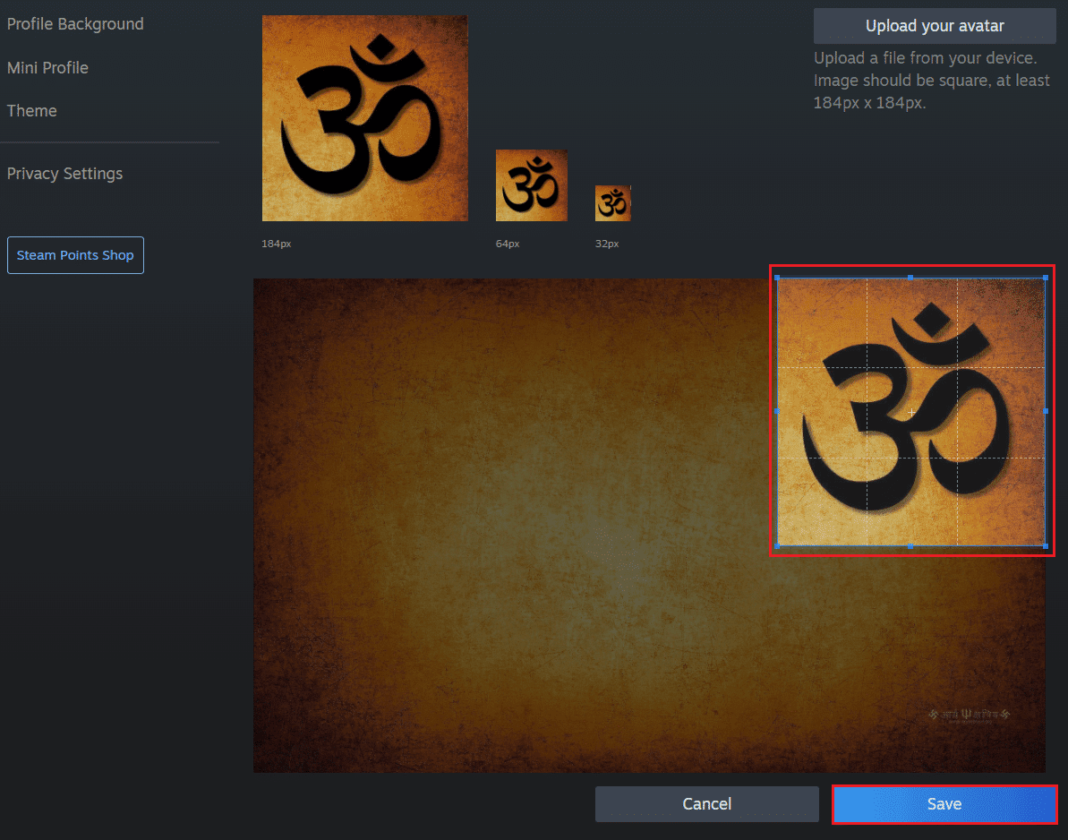 cargue su avatar y haga clic en el botón Guardar en Steam cargue su página de avatar en el navegador