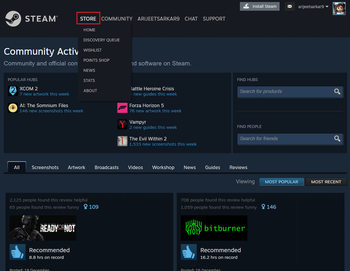 haga clic en el menú Tienda en la página de inicio de Steam en el navegador