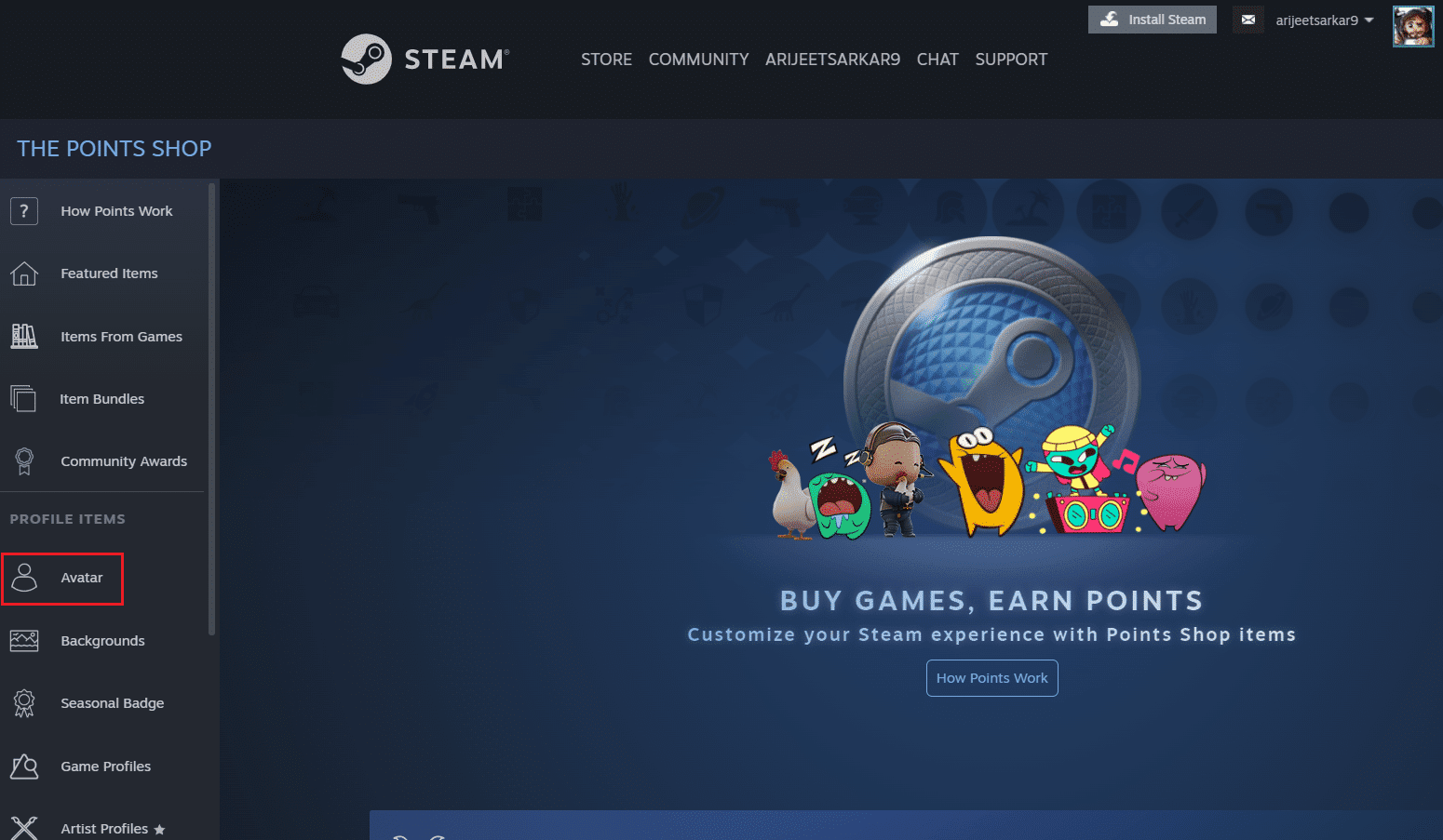 haga clic en el menú Avatar en la página de la tienda de puntos en el navegador Steam