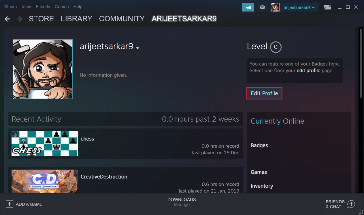 haga clic en el botón Editar perfil en el menú Perfil en la aplicación Steam