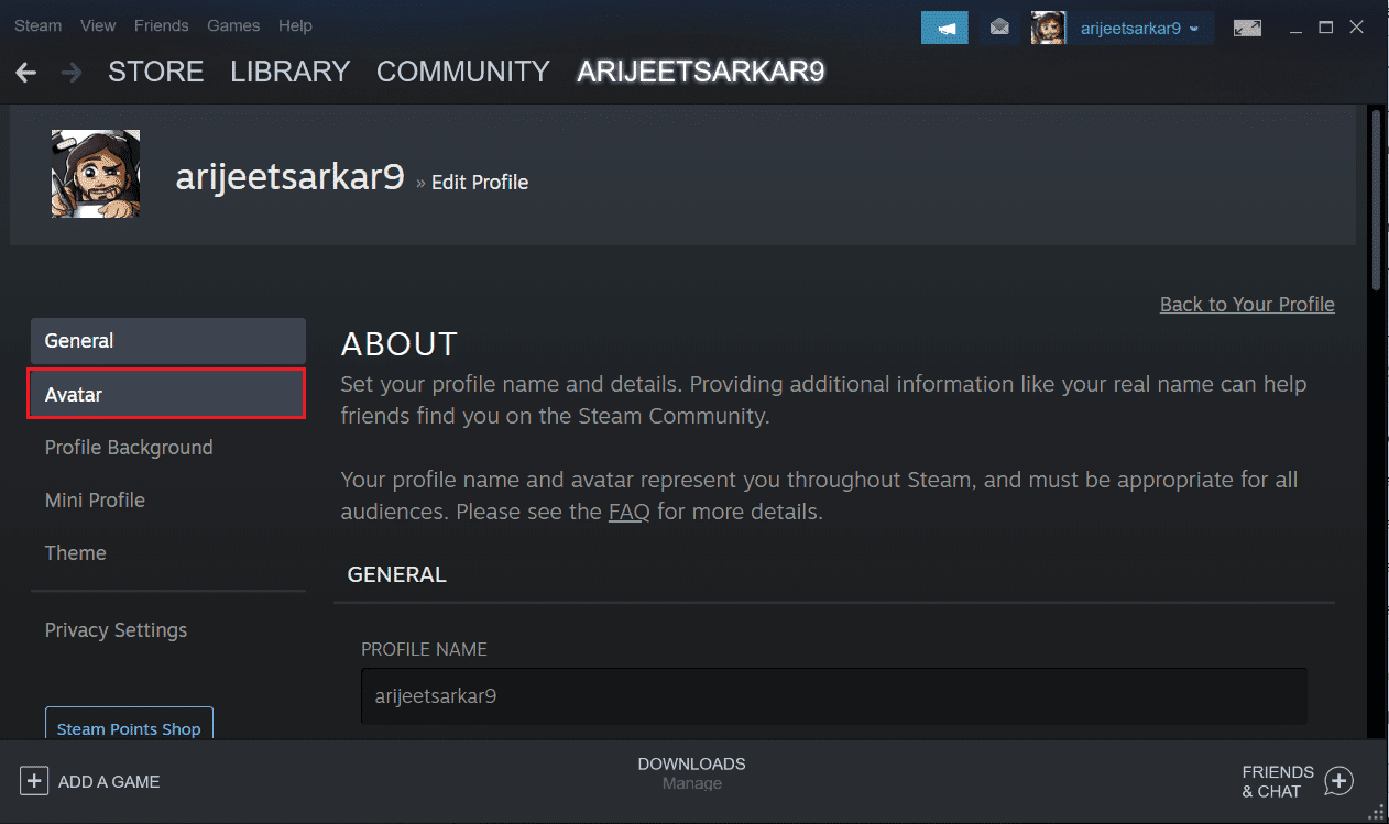 seleccione Avatar en el menú de edición de perfil en la aplicación Steam