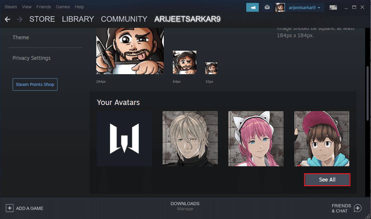 haga clic en el botón Ver todo en el menú Avatar en la aplicación Steam