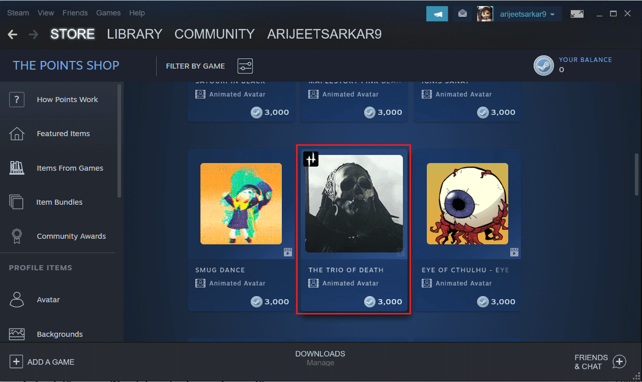 seleccione un avatar animado en el menú de la tienda de puntos de avatar en la aplicación Steam