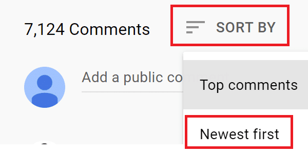 Haga clic en Más reciente primero para ordenar los comentarios de YouTube.  Cómo arreglar los comentarios de YouTube que no se cargan