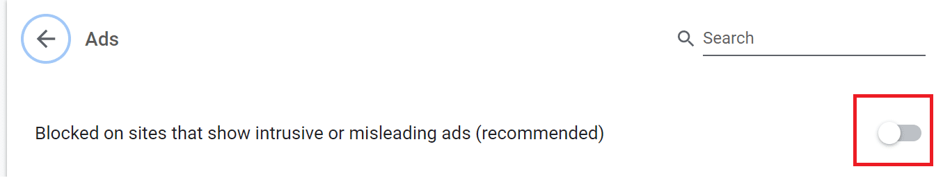 Apague la palanca para deshabilitar el Adblocker