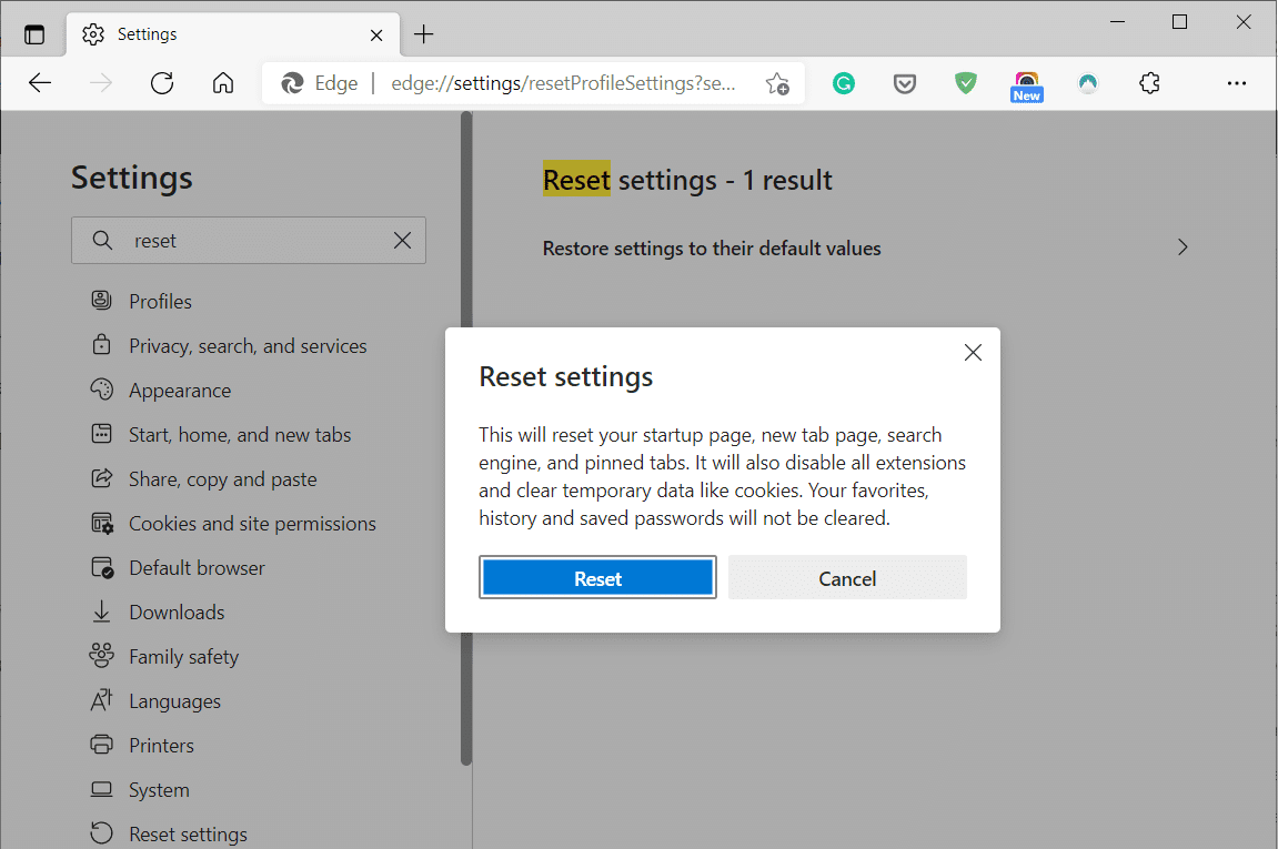 Restablecer configuración de borde