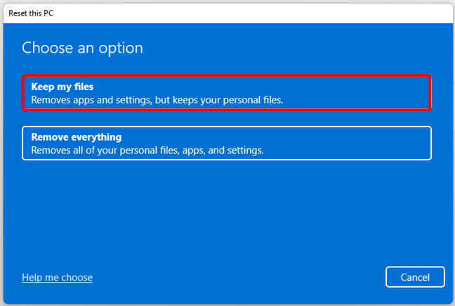 Elija Conservar mis archivos cuando reinicie su PC