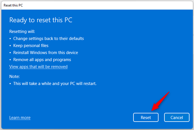 Listo para reiniciar esta PC