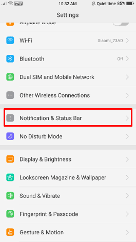   toque en la barra de estado y notificaciones o en la barra de notificaciones y sonidos para algunos dispositivos |  Cómo encender la luz de notificación de moto e4 |  Luz de notificación en Moto E4 Plus