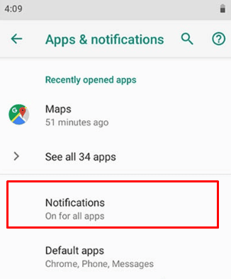   Ahora, en el menú Aplicaciones y notificaciones, seleccione la opción Notificaciones |  Cómo encender la luz de notificación de moto e4