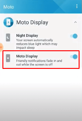 En el menú de configuración de Moto Display, toque el interruptor de palanca de Moto Display para apagarlo.
