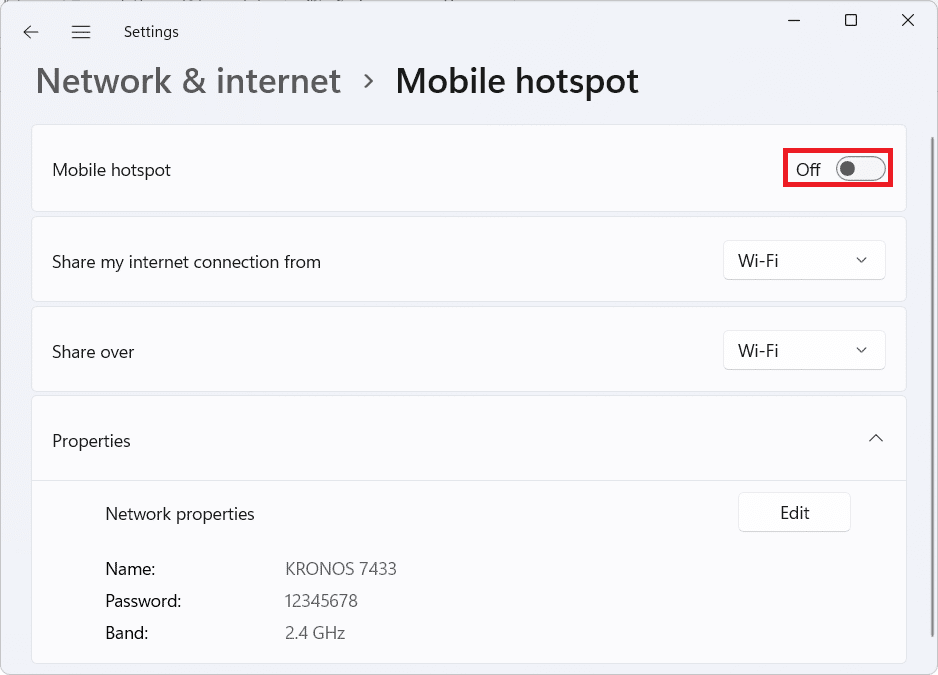Encender el punto de acceso móvil en la aplicación de configuración.  ¿Cómo habilitar o deshabilitar el punto de acceso móvil en Windows 11?