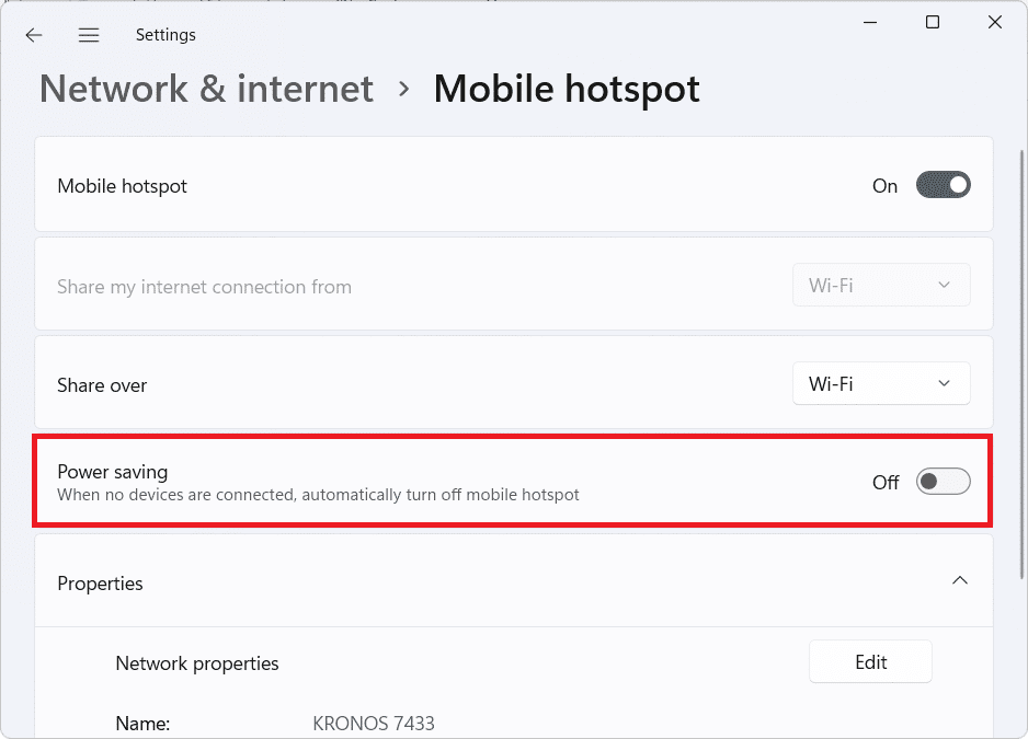 Interruptor de ahorro de energía en la sección Punto de acceso móvil.  ¿Cómo habilitar o deshabilitar el punto de acceso móvil en Windows 11?