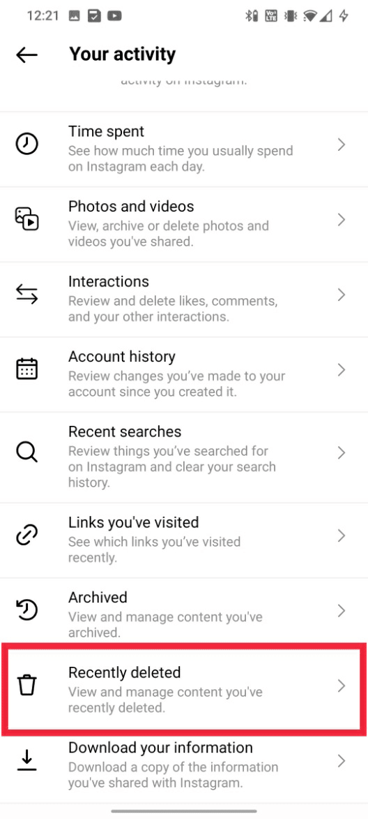 Deslice hacia abajo y toque Eliminar recientemente |  ¿Por qué desaparecieron tus borradores de instagram?