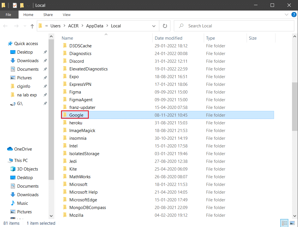 abrir la carpeta de google en la carpeta localappdata | 