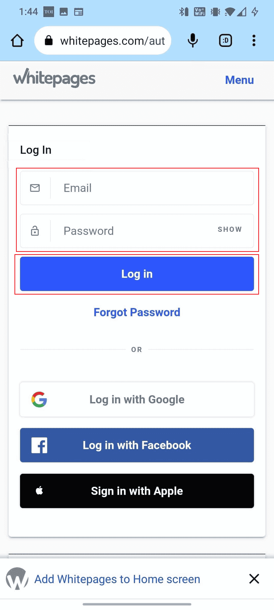 Navegue al sitio web de Whitepages en su navegador e inicie sesión en su cuenta con las credenciales correctas |  detener el monitoreo de Whitepages