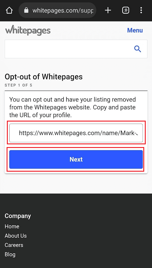 Pegue la URL y toque Siguiente |  detener el monitoreo de Whitepages