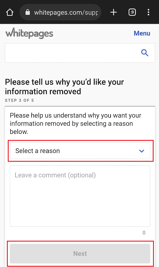 Elija un motivo deseado y toque Siguiente |  Cómo darse de baja de Whitepages.com