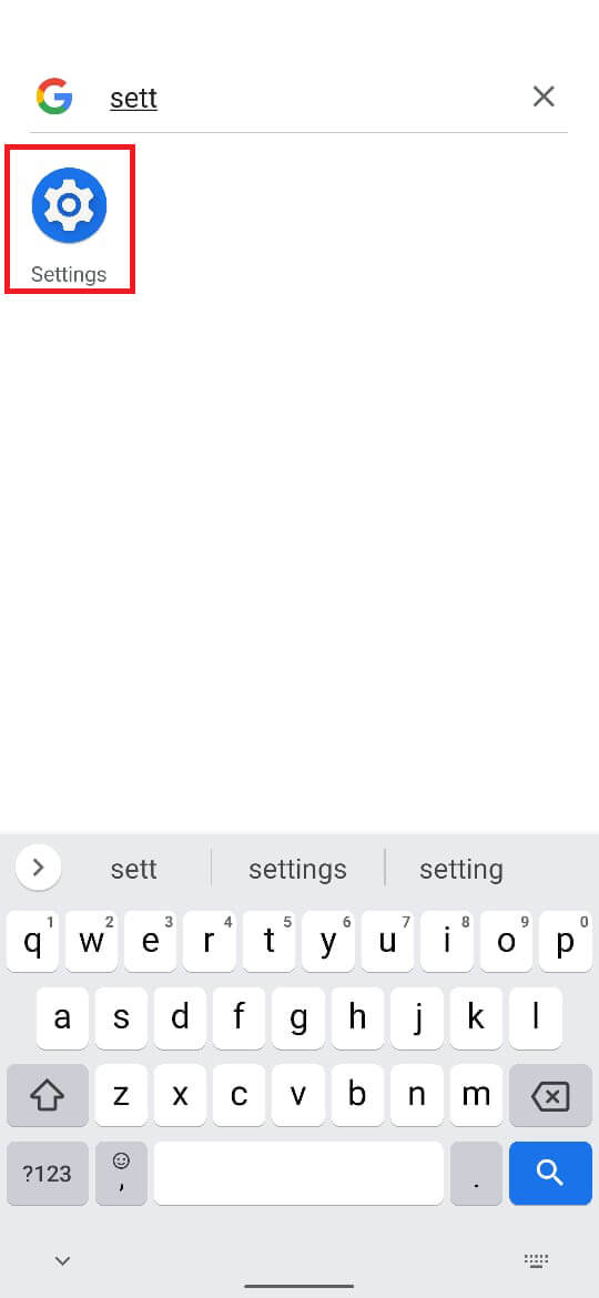 Los resultados de búsqueda mostrarán su aplicación de configuración de Android, tóquela para continuar.