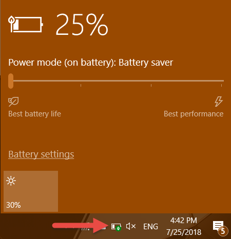Windows 10, control deslizante de energía
