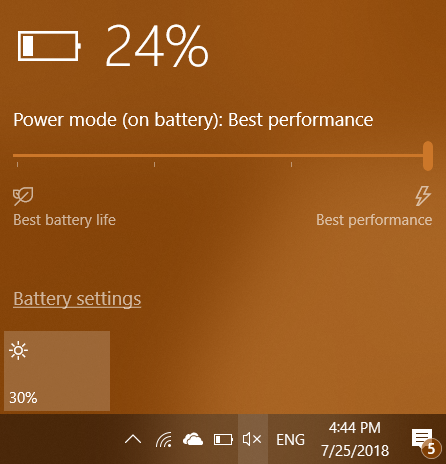 Windows 10, control deslizante de energía