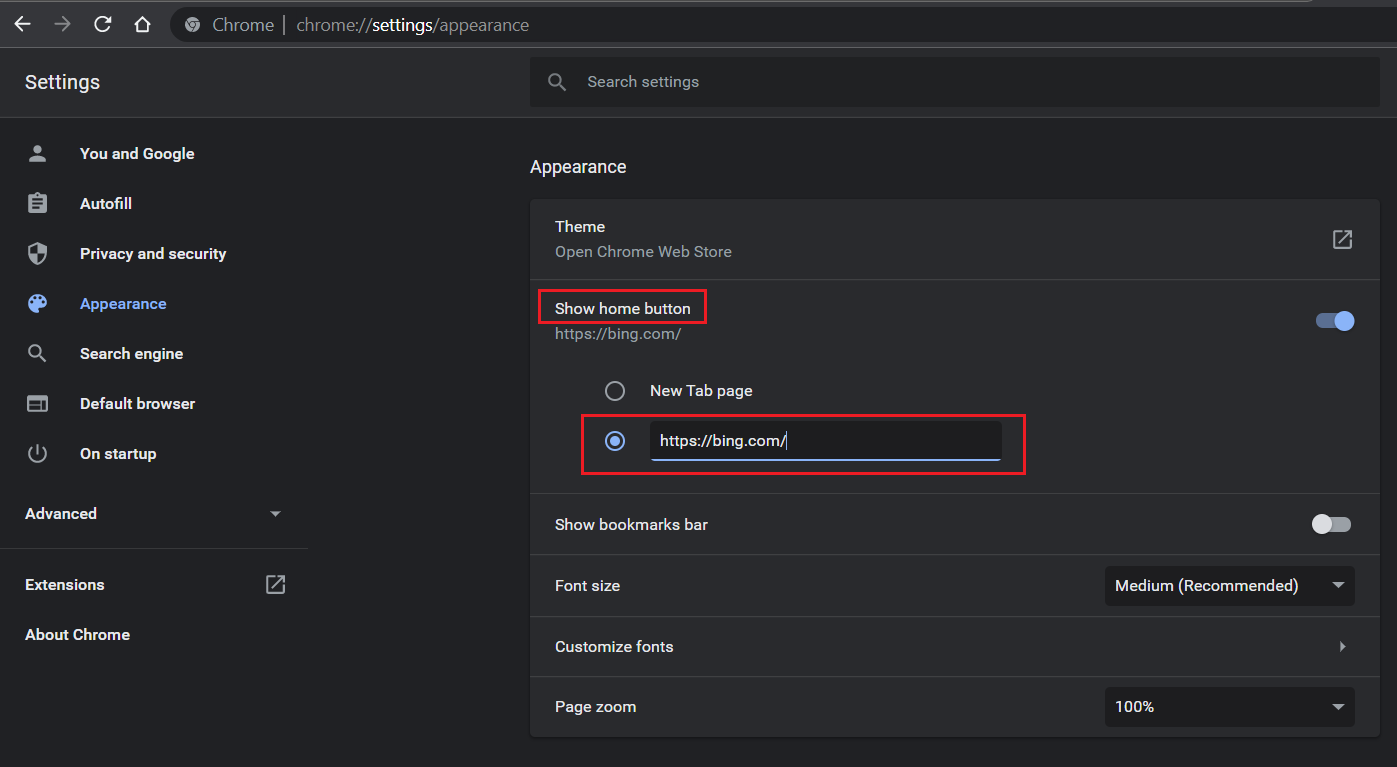 elimine la URL de bing en Mostrar configuración de apariencia del botón de inicio Chrome.  Cómo quitar Bing de Chrome