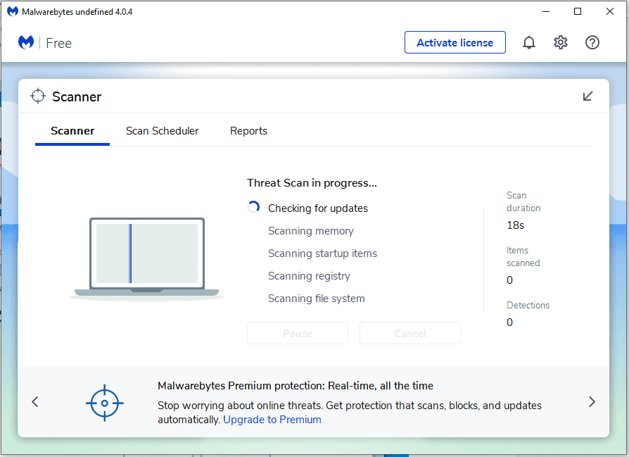MalwareBytes comenzará a escanear su PC en busca de programas y aplicaciones de malware