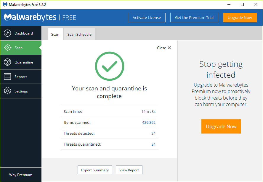 Cuando la PC se reinicie, Malwarebytes Anti-Malware se iniciará y mostrará el mensaje de escaneo completo.