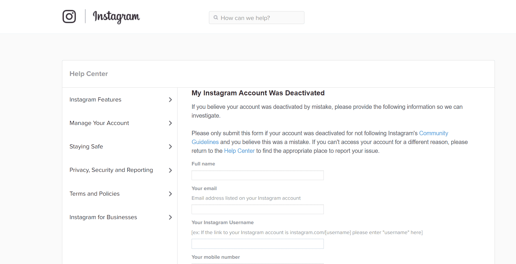 Ir a la página de apelación de desactivación de Instagram en un navegador |  Cómo saber si alguien te denunció en Instagram